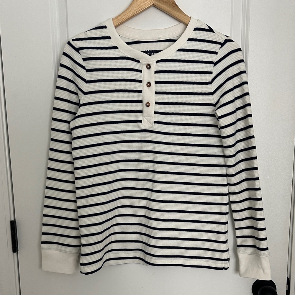 Lands' End Women’s  Striped Waffle Knit Henley Top White/Navy XS